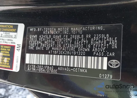 2011 Toyota Camry Le z USA, uszkodzony, nr VIN 4T1BF3EK2BU191320